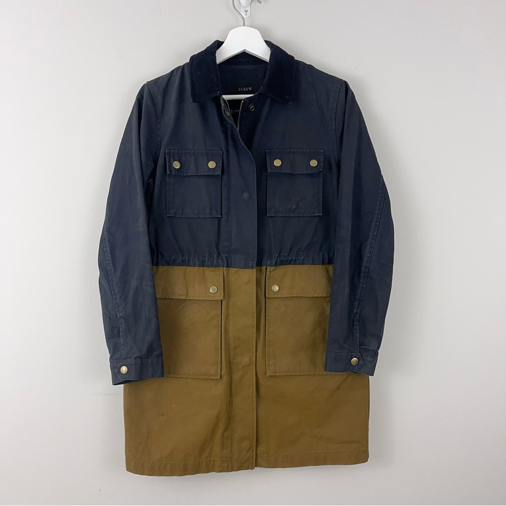 J.Crew Waxed Cotton Long Field Work Jacket Chore Coat 02745 Parka Navy Tan